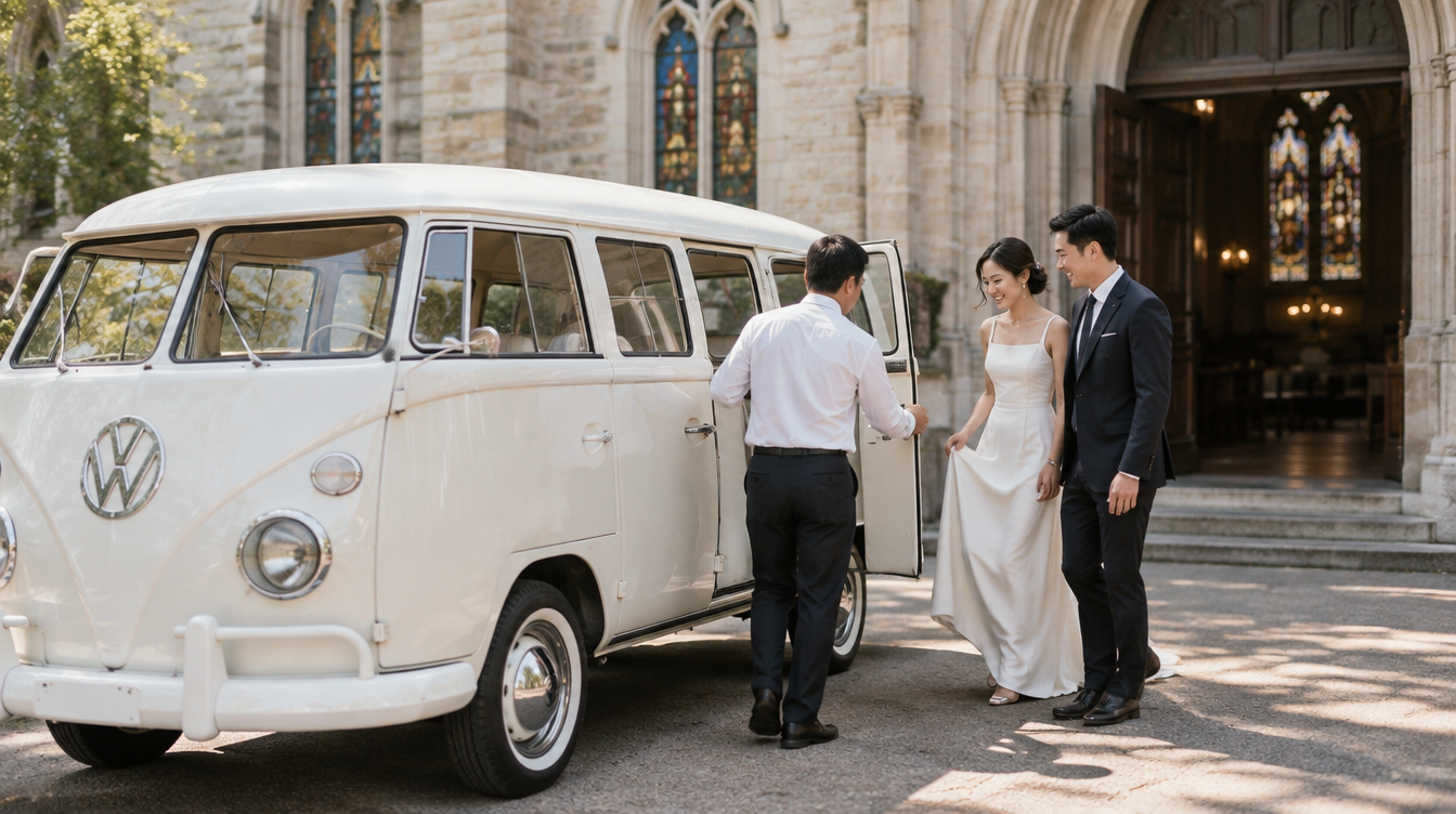 Chauffeur opening the door of a vintage white Volkswagen Kombi Bus for an Asian bride and groom outside a Singapore church