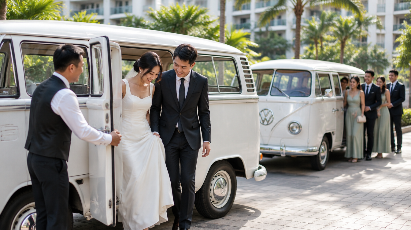 Chauffeur helping an Asian bride and groom out of a vintage white Volkswagen Kombi Bus as a second Kombi Bus waits with the bridal party in Singapore