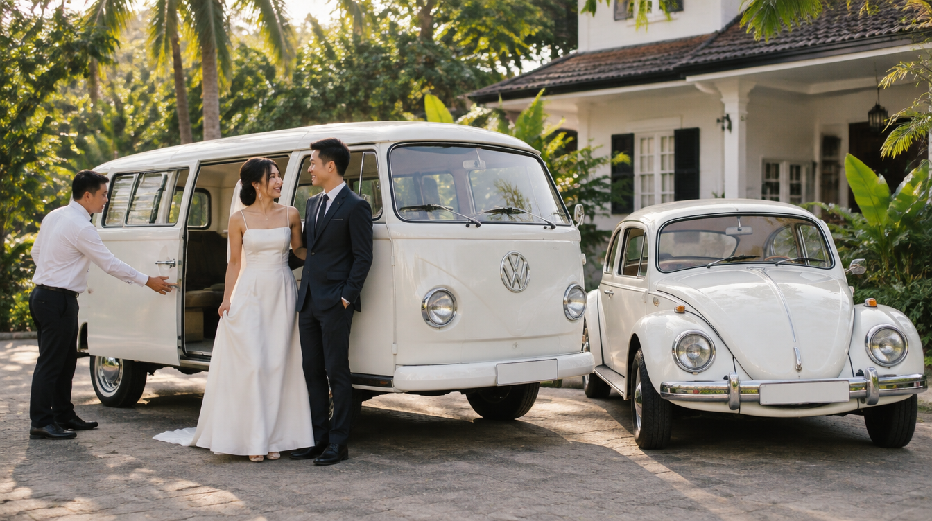 Vintage white Volkswagen Kombi Bus and Beetle wedding cars parked outside a Singapore wedding venue with a bride, groom and chauffeur