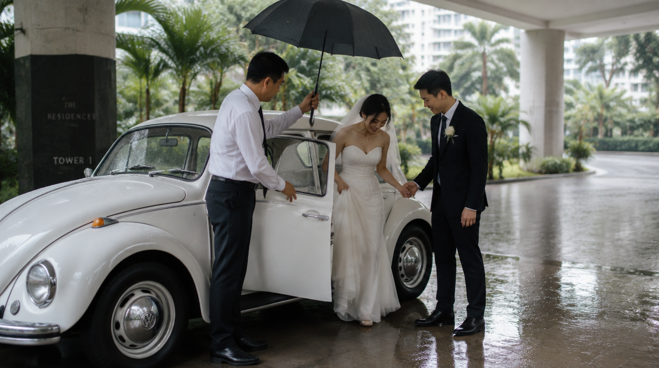 Asian bride and groom stepping out of a vintage white Volkswagen Beetle wedding car under a covered driveway in Singapore