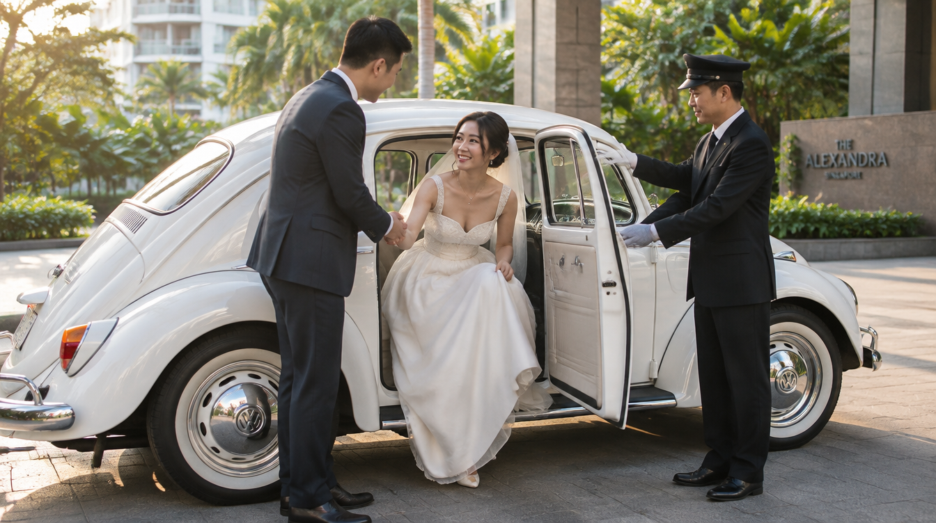 Chauffeur helping a bride and groom out of a white vintage Volkswagen Beetle outside a Singapore wedding venue