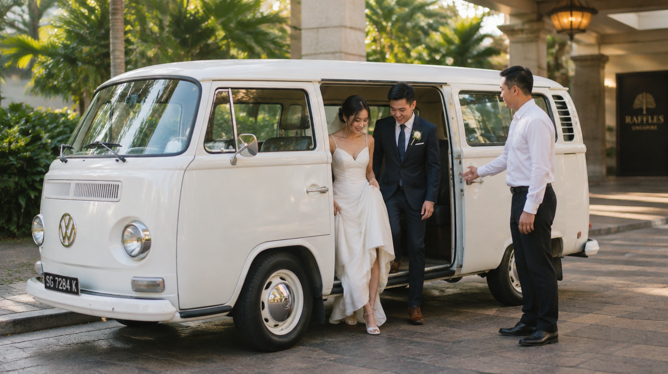 A vintage white Volkswagen Kombi Bus wedding car outside a Singapore wedding venue with an Asian couple stepping out and a chauffeur holding the door