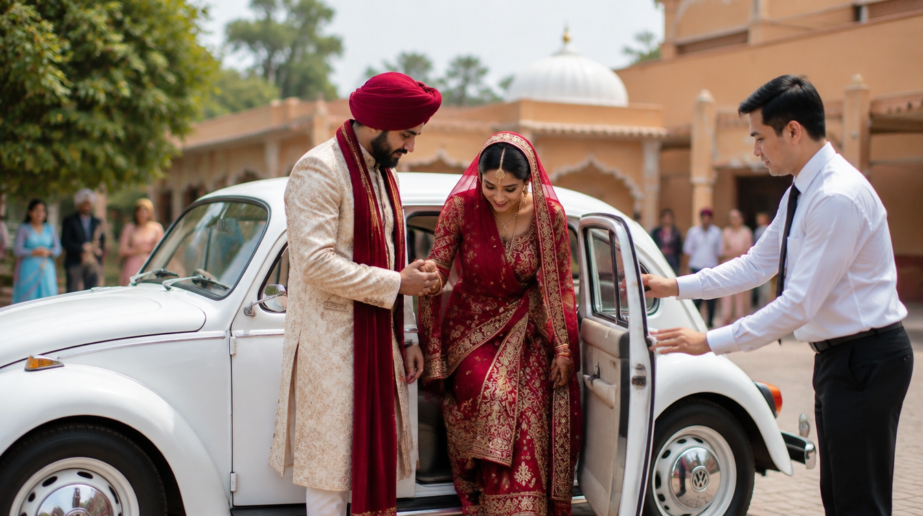 Chauffeur opening the door of a white vintage Volkswagen Beetle for a Sikh bride and groom outside a Gurdwara on their Singapore wedding day