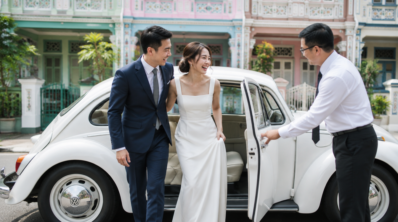 Asian bride and groom stepping out of a white vintage Volkswagen Beetle outside heritage Peranakan shophouses in Katong, Singapore