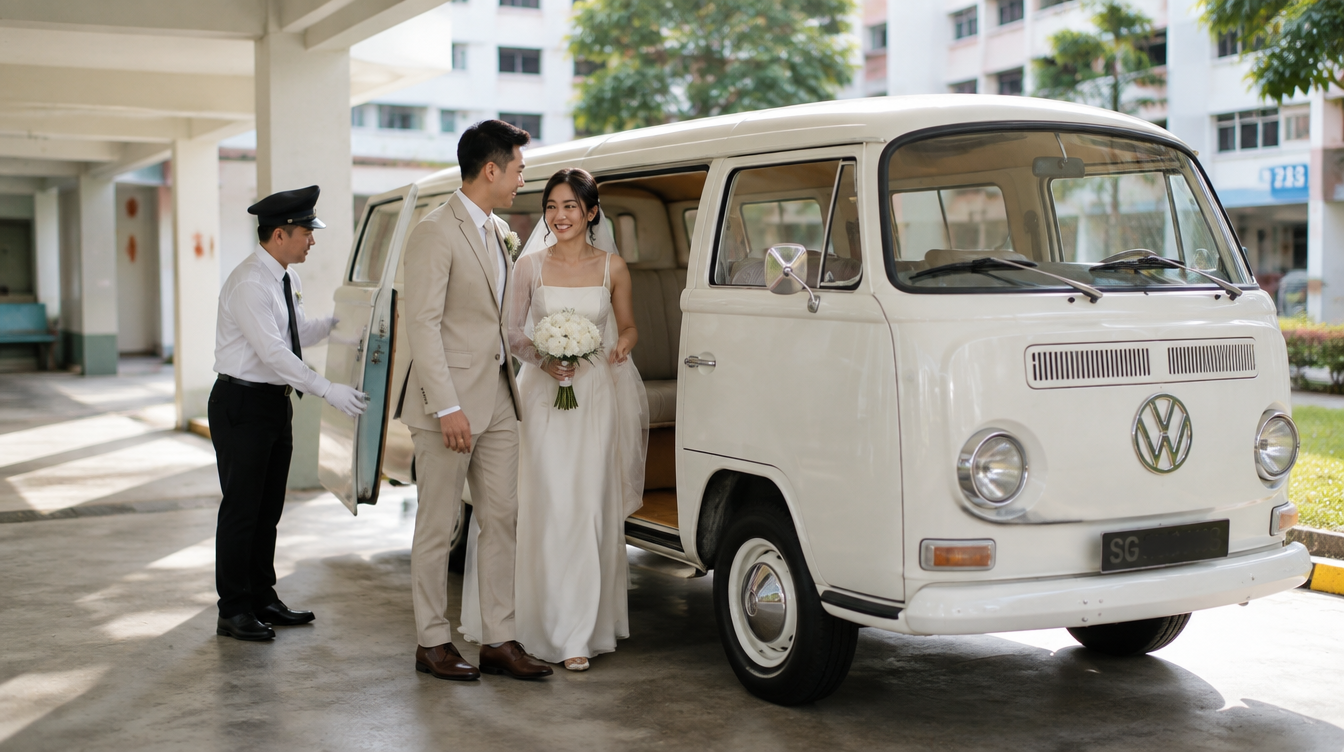 Chauffeur opening the door of a white vintage Volkswagen Kombi Bus for an Asian bride and groom outside a Singapore HDB wedding venue