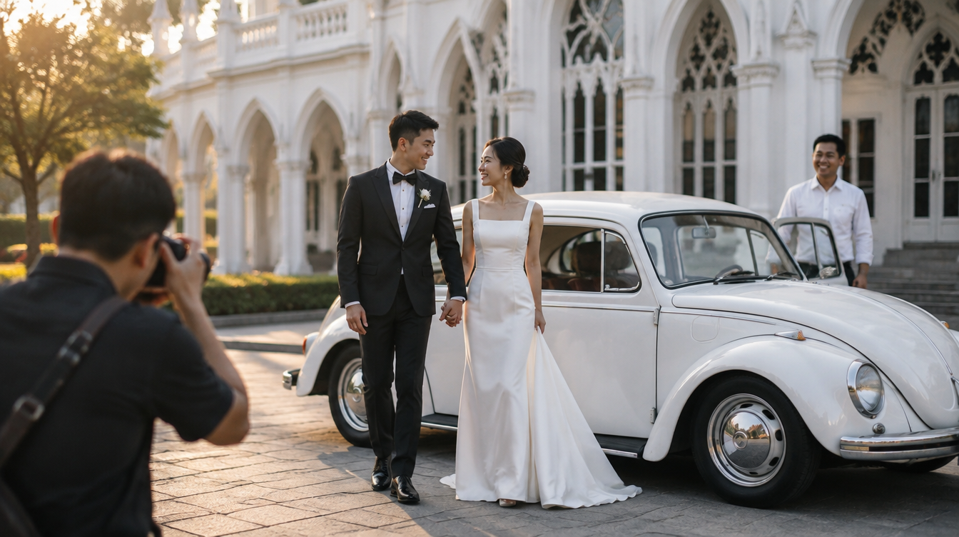 A chauffeur opens the door of a white vintage Volkswagen Beetle for an Asian couple posing for wedding photographs against a Singapore garden backdrop in soft late-afternoon light