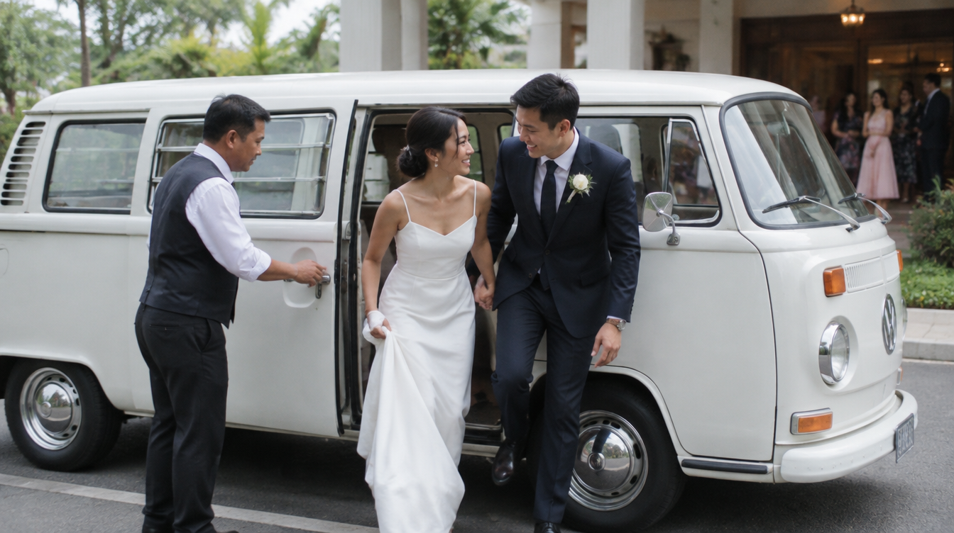 Chauffeur opening the door of a white vintage Volkswagen Kombi Bus as an Asian bride and groom step out at a Singapore wedding venue