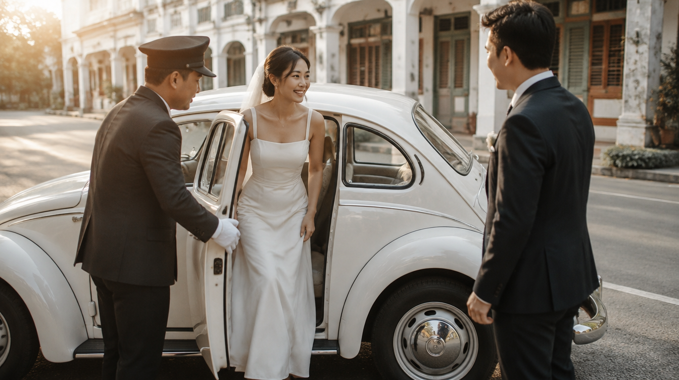 Chauffeur opening the door of a vintage white Volkswagen Beetle wedding car for an Asian couple outside a Singapore venue at dawn