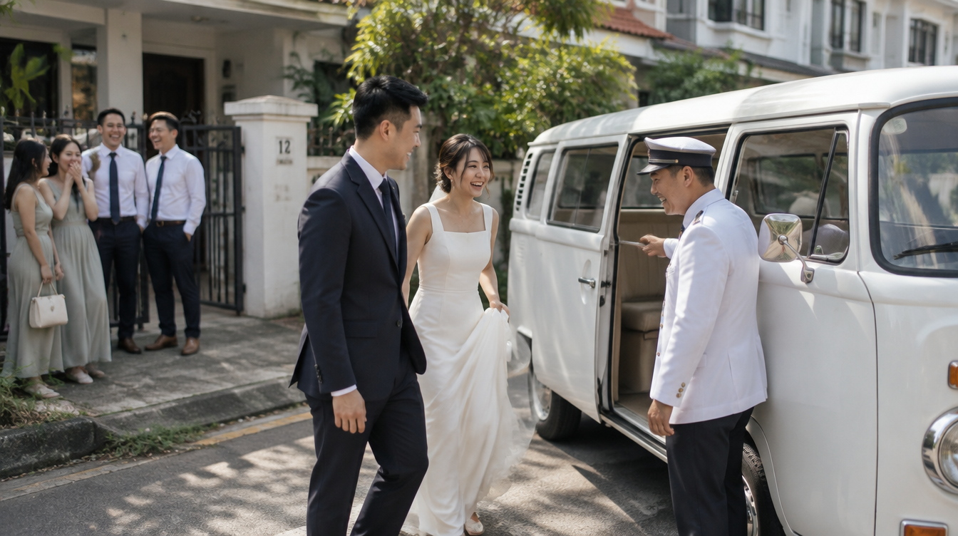 Asian chauffeur in white uniform opening the door of a vintage white Volkswagen Kombi Bus for a smiling Singapore bride and groom outside a terrace house