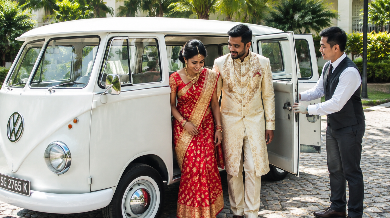 Chauffeur opening the door of a white vintage Kombi Bus for an Indian bride and groom outside a Singapore wedding venue