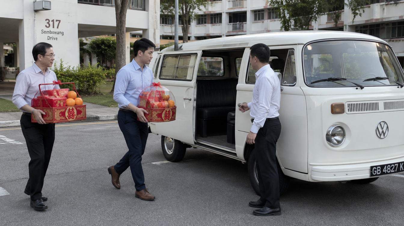 Chauffeur greets family members carrying red betrothal gift baskets beside a vintage white Volkswagen Kombi Bus outside a Singapore HDB block during guo da li
