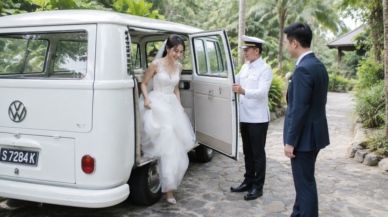 Vintage white Volkswagen Kombi Bus wedding car drop-off at a garden wedding venue in Singapore