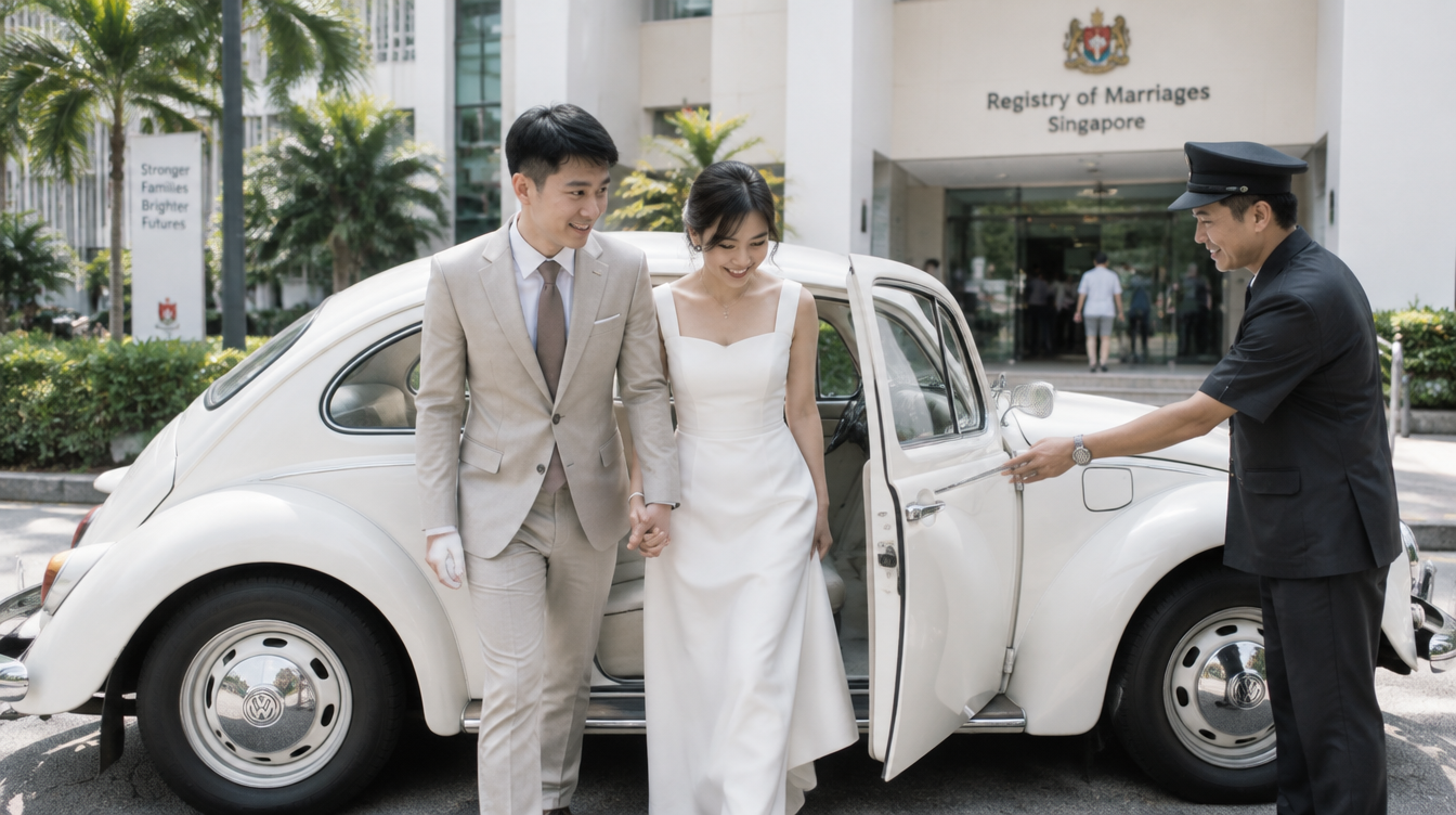 Chauffeur opening the door of a vintage white Volkswagen Beetle for a newlywed couple outside the Registry of Marriages in Singapore