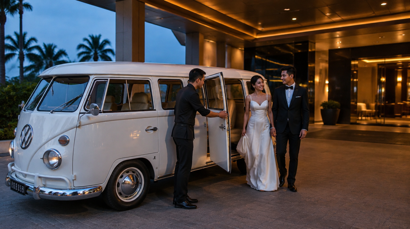 Chauffeur opening the door of a white vintage Volkswagen Kombi Bus for a bride and groom arriving at an evening wedding banquet venue in Singapore