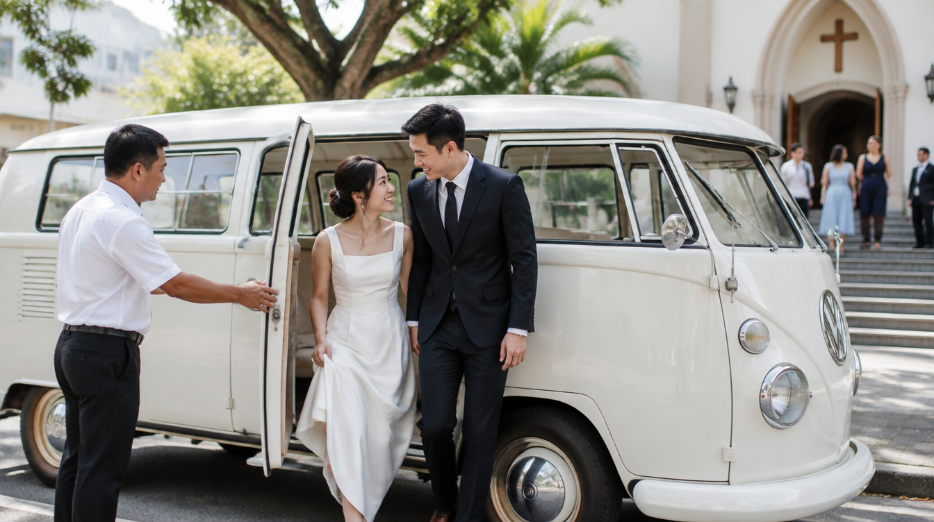 Vintage Volkswagen Kombi Bus parked outside a Singapore Catholic church before a Eurasian wedding